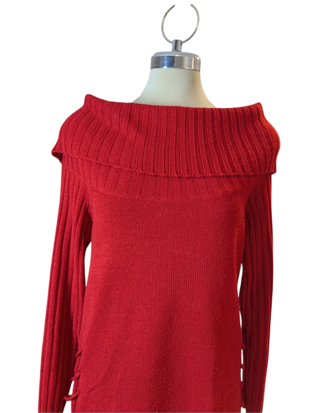 Off-Shoulder Lace-Up Knit Sweater in Red - Picture 3 of 15